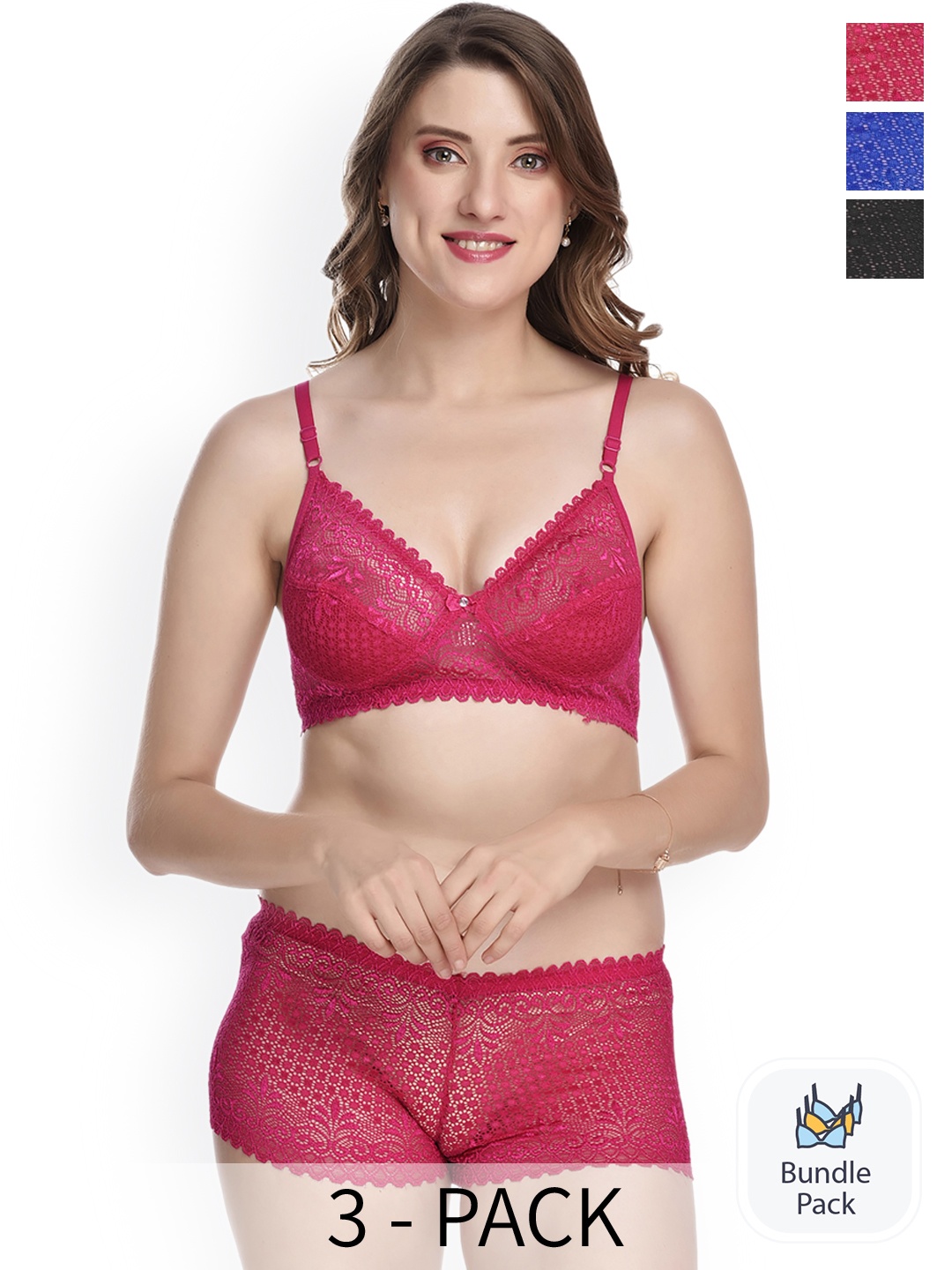 

PIBU Pack of 3 Laced Lingerie Set, Pink