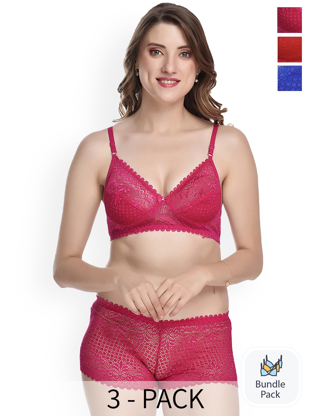 

PIBU Pack Of 3 Self Design Laced Cotton Lingerie Set, Red