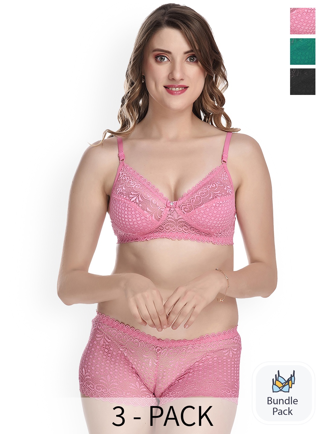 PIBU Pack of 3 Laced Lingerie Set, Green