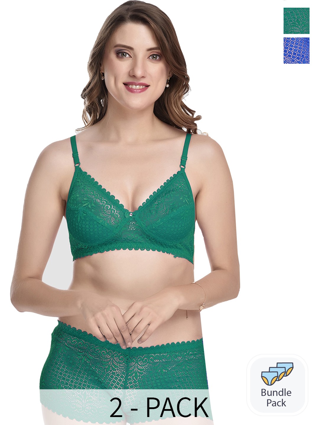 

PIBU Pack of 2 Laced Cotton Lingerie Set, Green