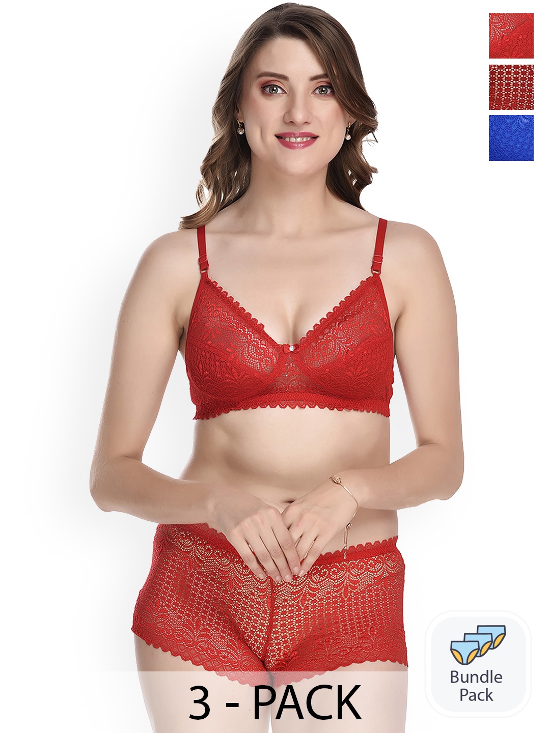 

PIBU Pack Of 3 Self Design Laced Cotton Lingerie Set, Maroon
