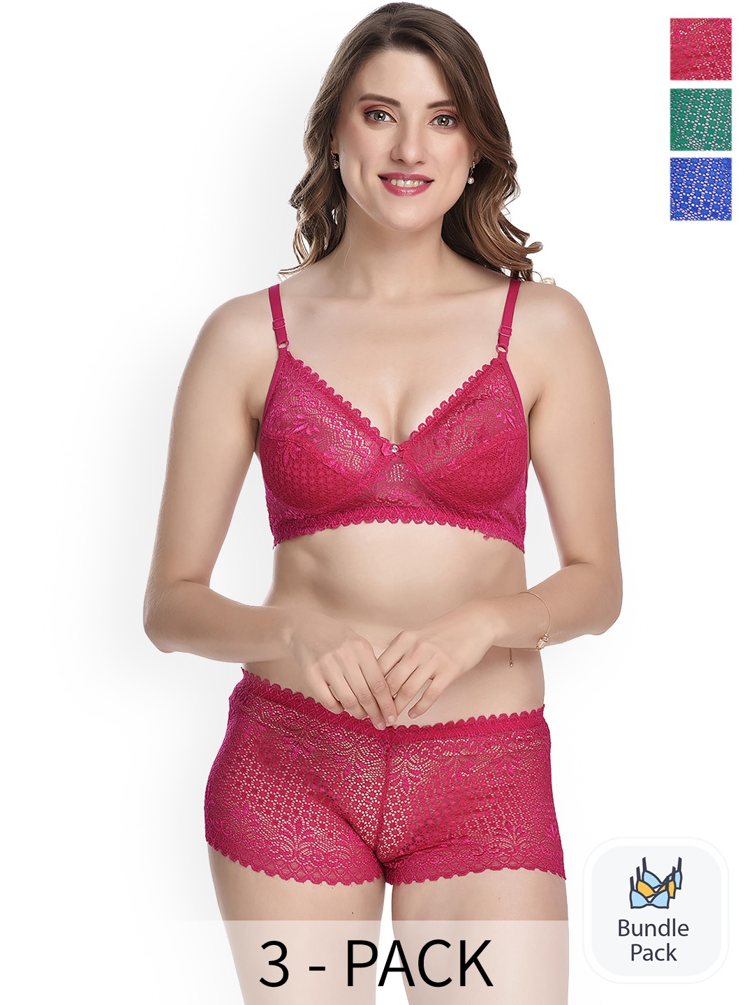 

PIBU Pack of 3 Laced Lingerie Set, Pink