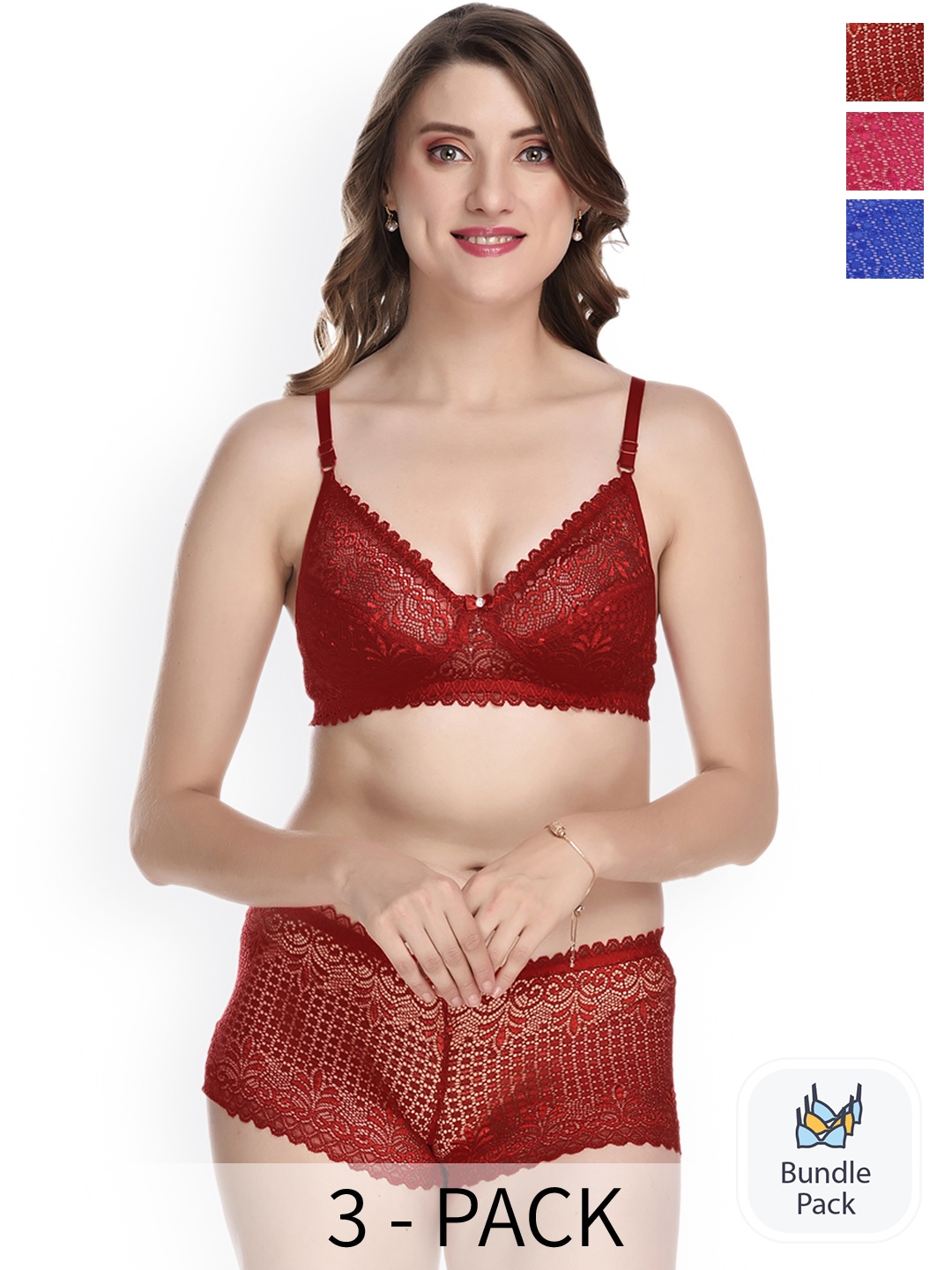 

PIBU Pack Of 3 Self Design Laced Cotton Lingerie Set, Pink