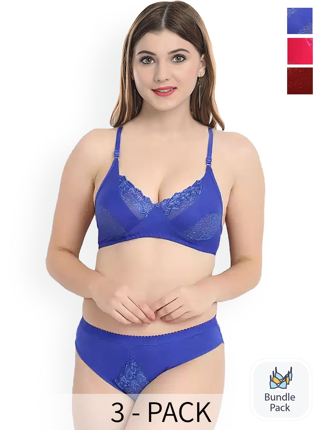 

PIBU Pack of 3 Laced Lingerie Set, Red