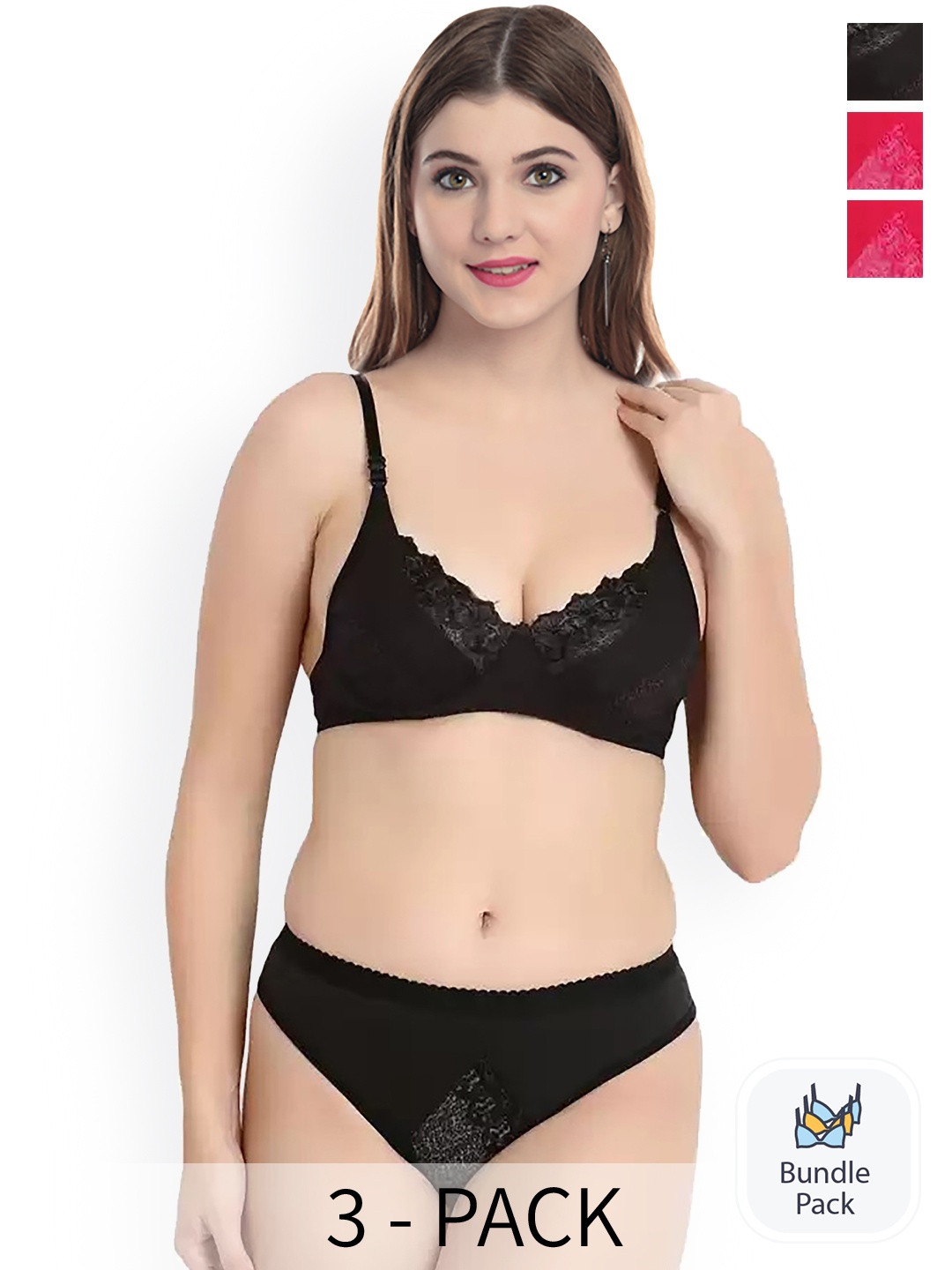 

PIBU Pack of 3 Laced Cotton Lingerie Set, Black