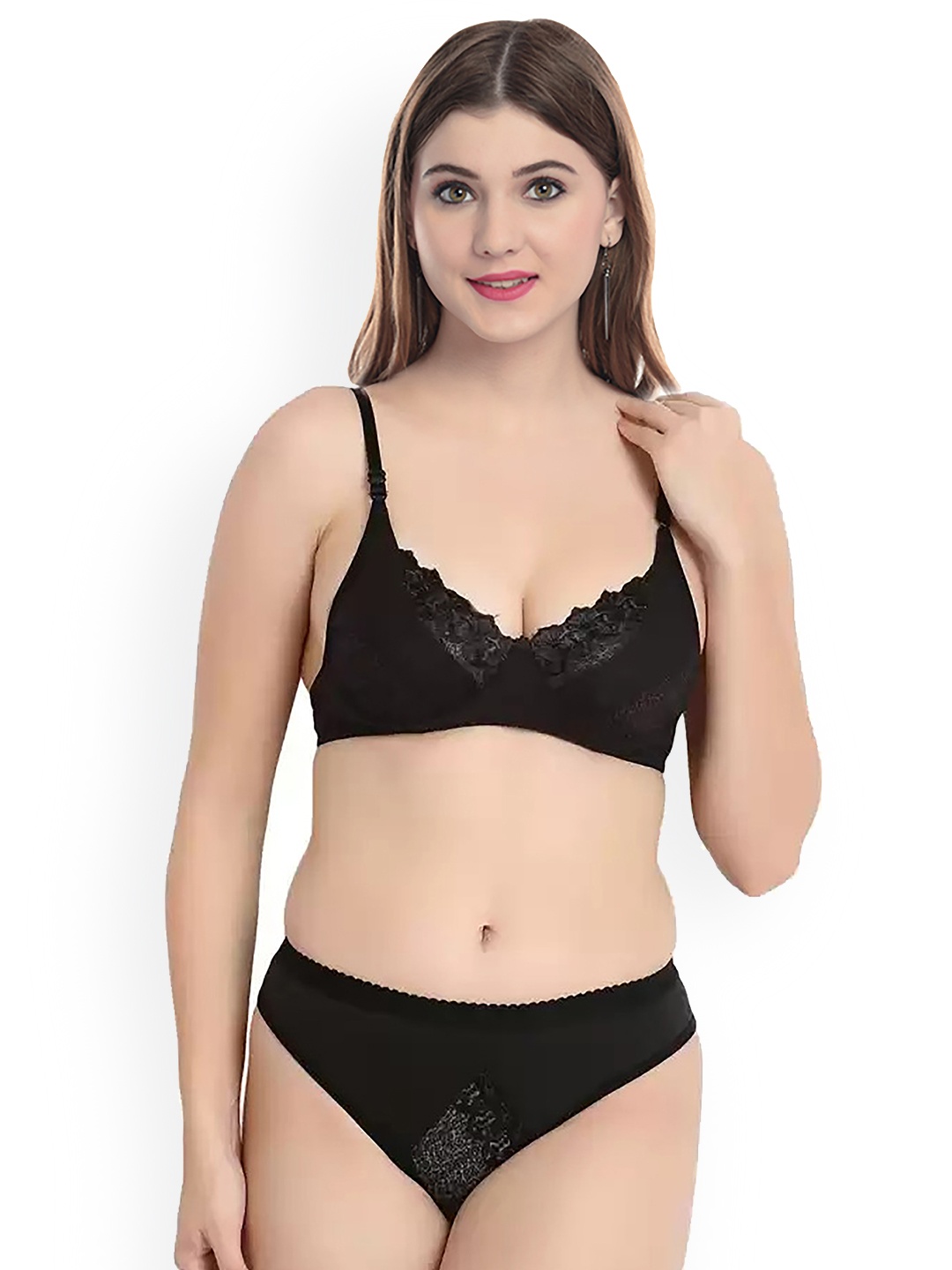 

PIBU Self Design Laced Cotton Lingerie Set, Black
