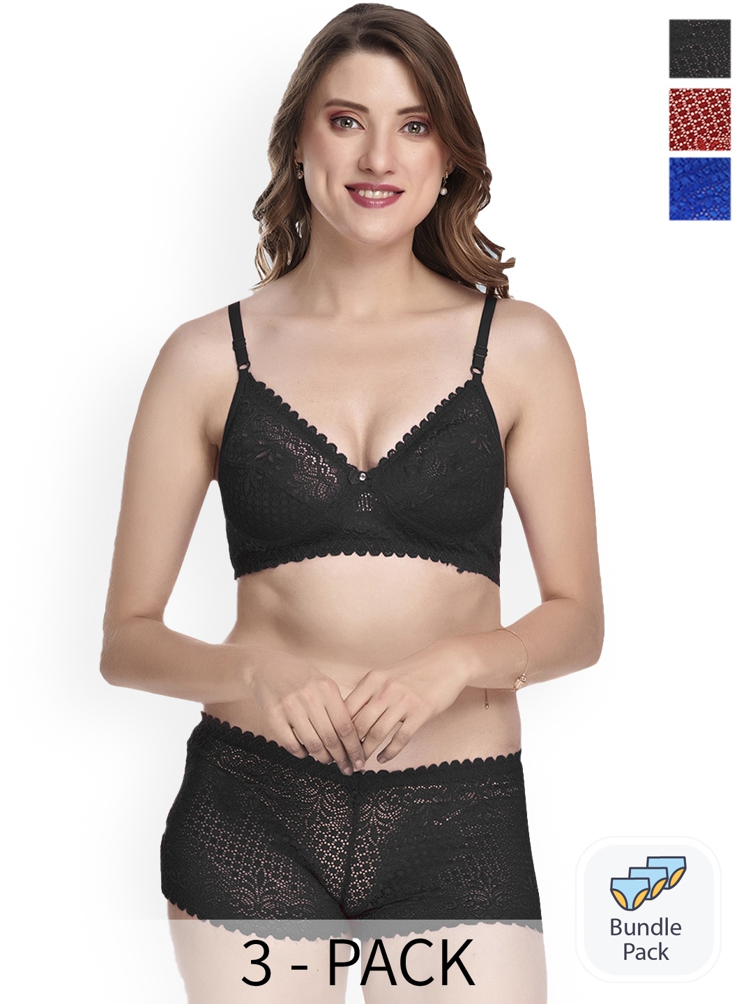 

PIBU Pack of 3 Laced Cotton Lingerie Set, Black