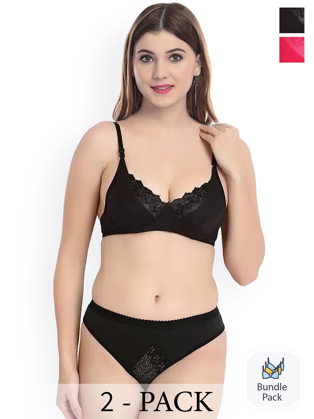 

PIBU Pack of 2 Laced Cotton Lingerie Set, Black