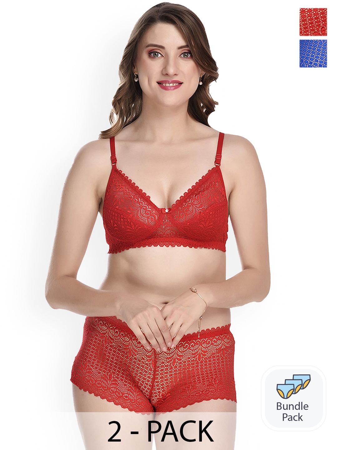 PIBU Pack of 2 Laced Lingerie Set, Red