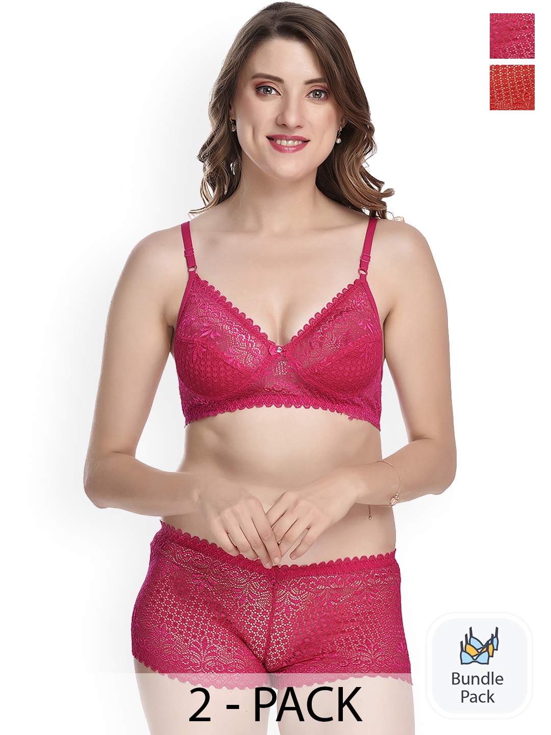 

PIBU Pack Of 2 Self Design Laced Cotton Lingerie Set, Red