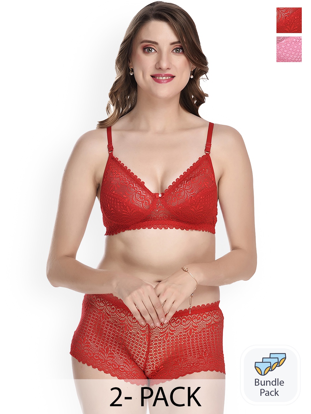 

PIBU Pack of 2 Laced Cotton Lingerie Set, Red