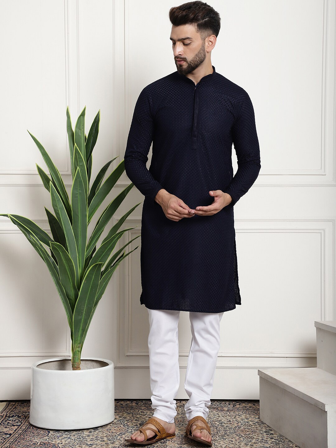 

SOJANYA Ethnic Motifs Embroidered Mandarin Collar Pure Cotton Kurta With Pyjama, Navy blue