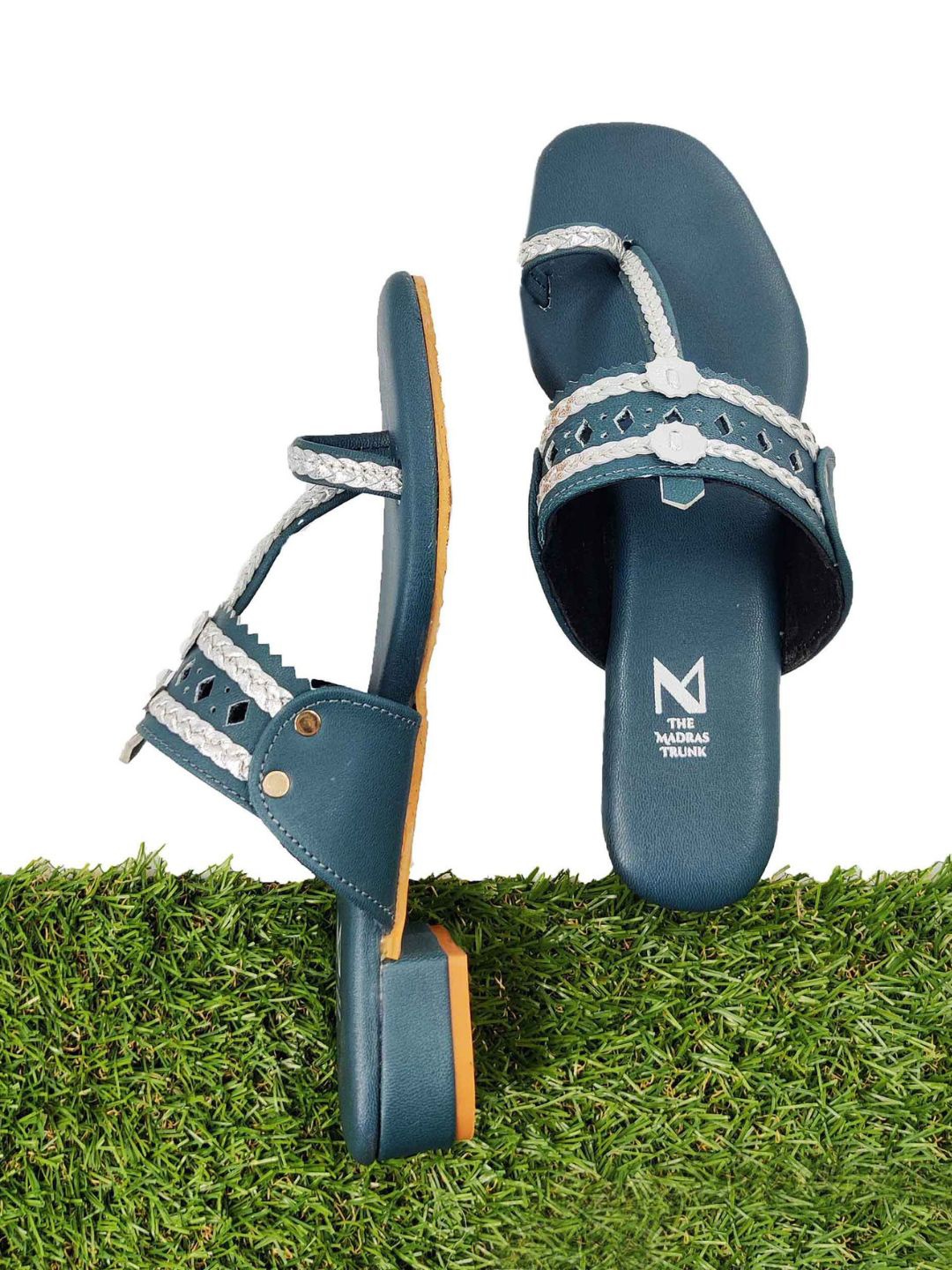 

THE MADRAS TRUNK Laser Cut Leather Kolhapuri Block Heels, Teal