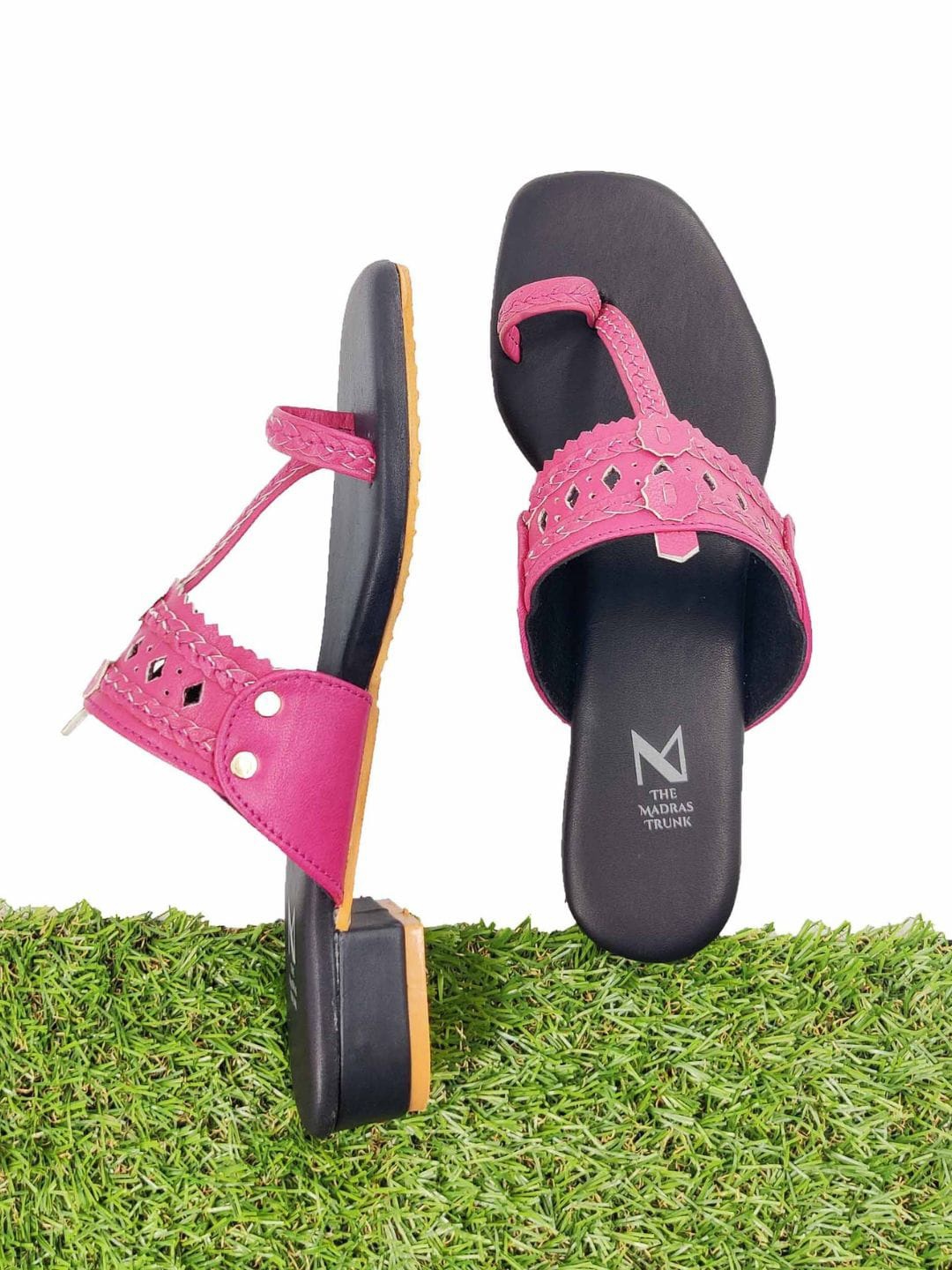 

THE MADRAS TRUNK Laser Cut Leather Kolhapuri Block Heels, Pink