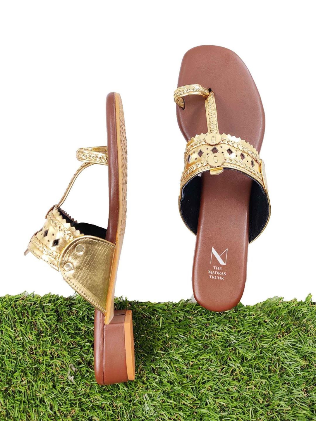 

THE MADRAS TRUNK Laser Cut Leather Kolhapuri Block Heels, Gold