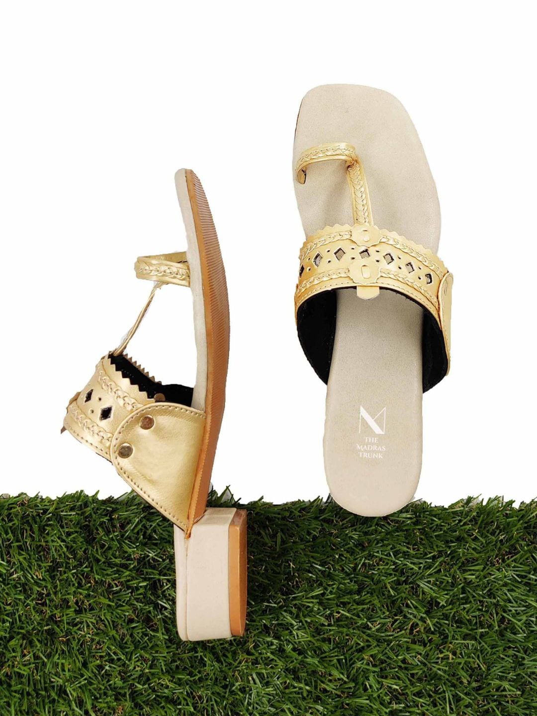 

THE MADRAS TRUNK Ethnic Braided Leather Block Heels With Laser Cuts, Champagne