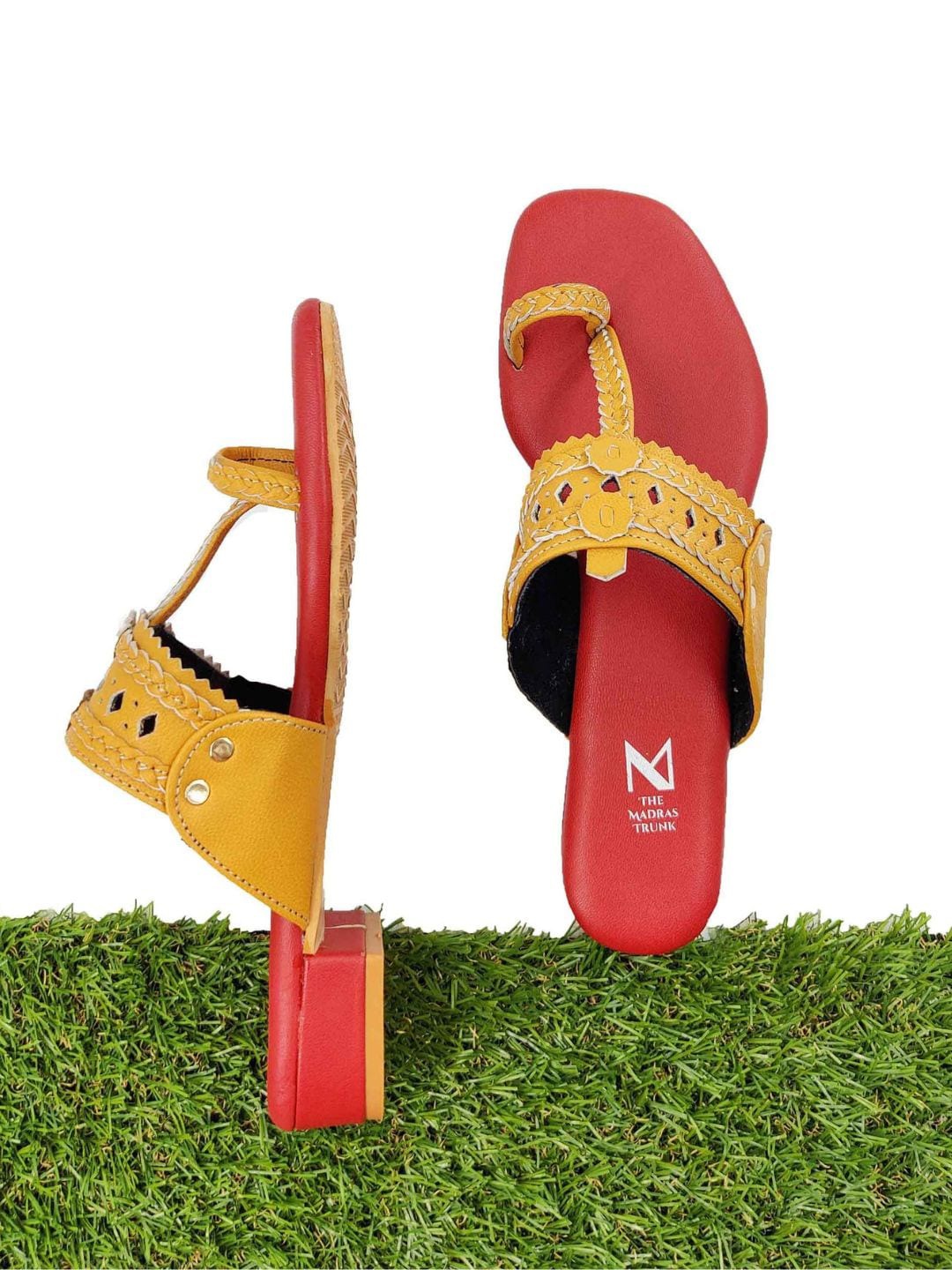 

THE MADRAS TRUNK Ethnic Braided Leather Block Heels With Laser Cuts, Yellow