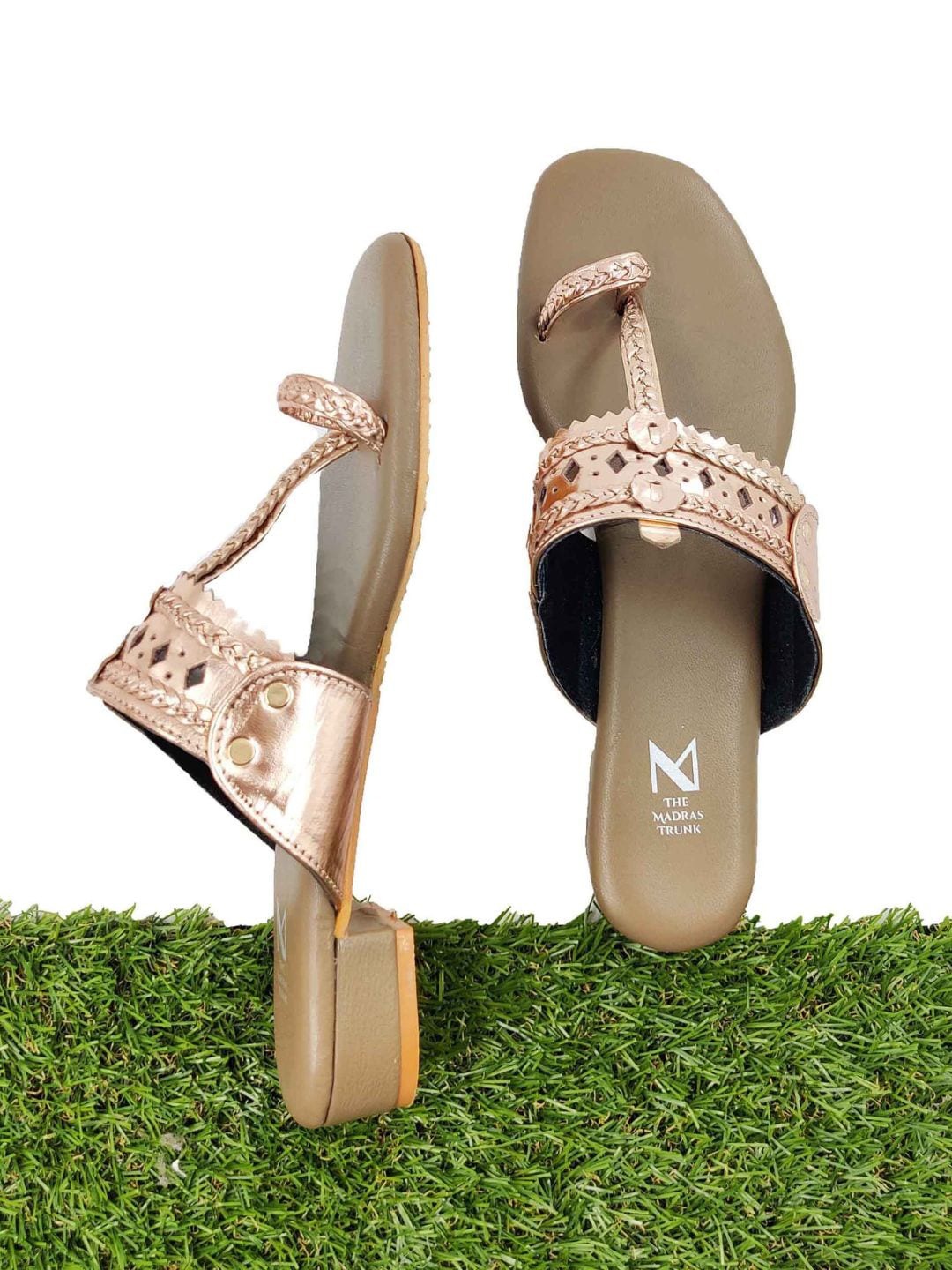

THE MADRAS TRUNK Ethnic Braided Leather Block Heels With Laser Cuts, Rose gold