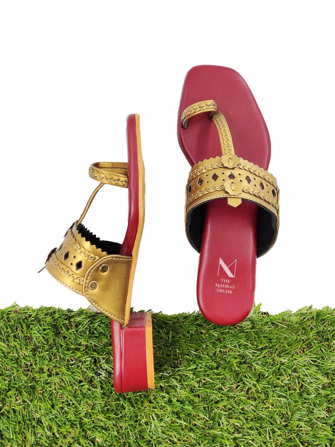 

THE MADRAS TRUNK Ethnic Braided Leather Block Heels With Laser Cuts, Gold