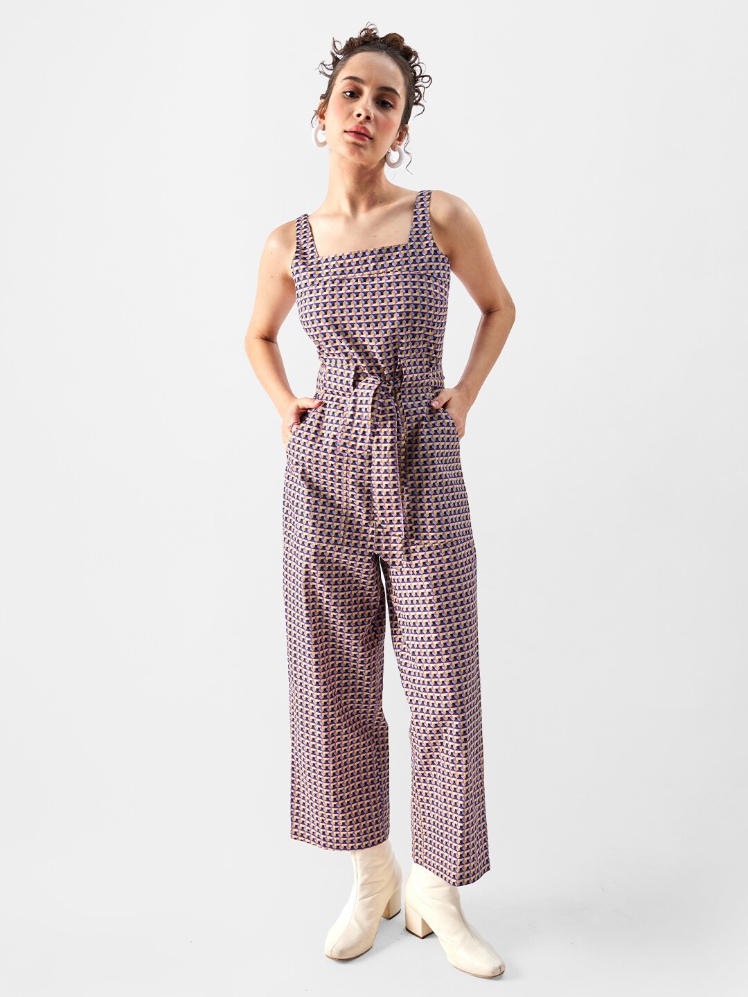 

The Souled Store Geometric Printed Square Neck Cotton Basic Jumpsuit, Purple