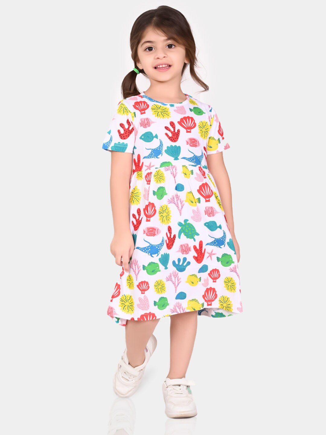 

BONKIDS Girls Conversational Printed Cotton A Line Dress, White