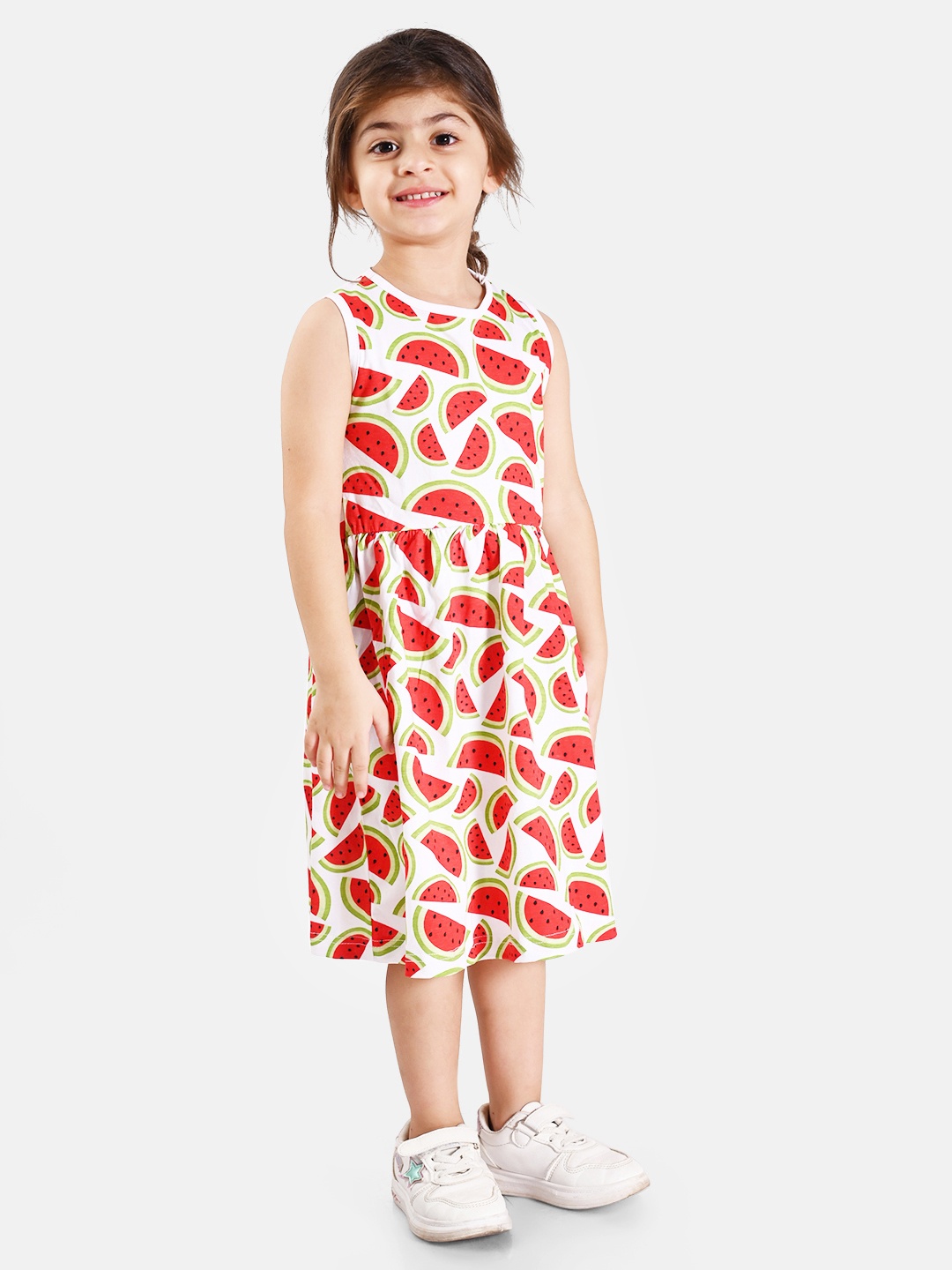 

BONKIDS White Printed Fit & Flare Midi Dress