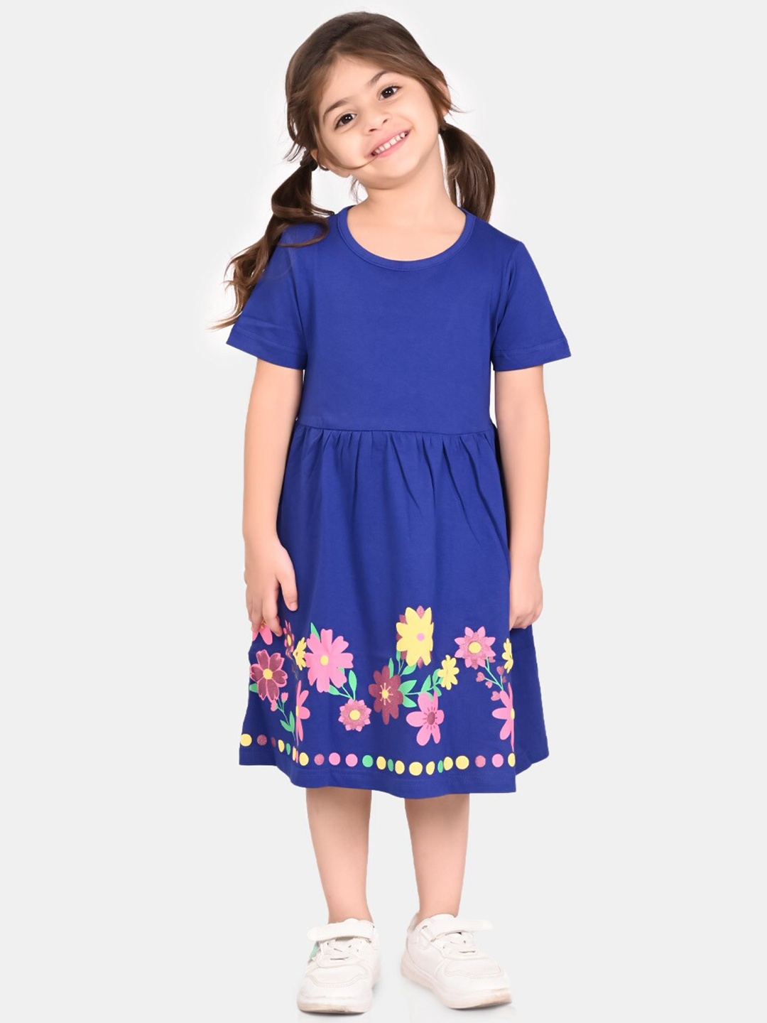 

BONKIDS Girls Floral Printed Cotton Fit & Flare Midi Dress, Blue
