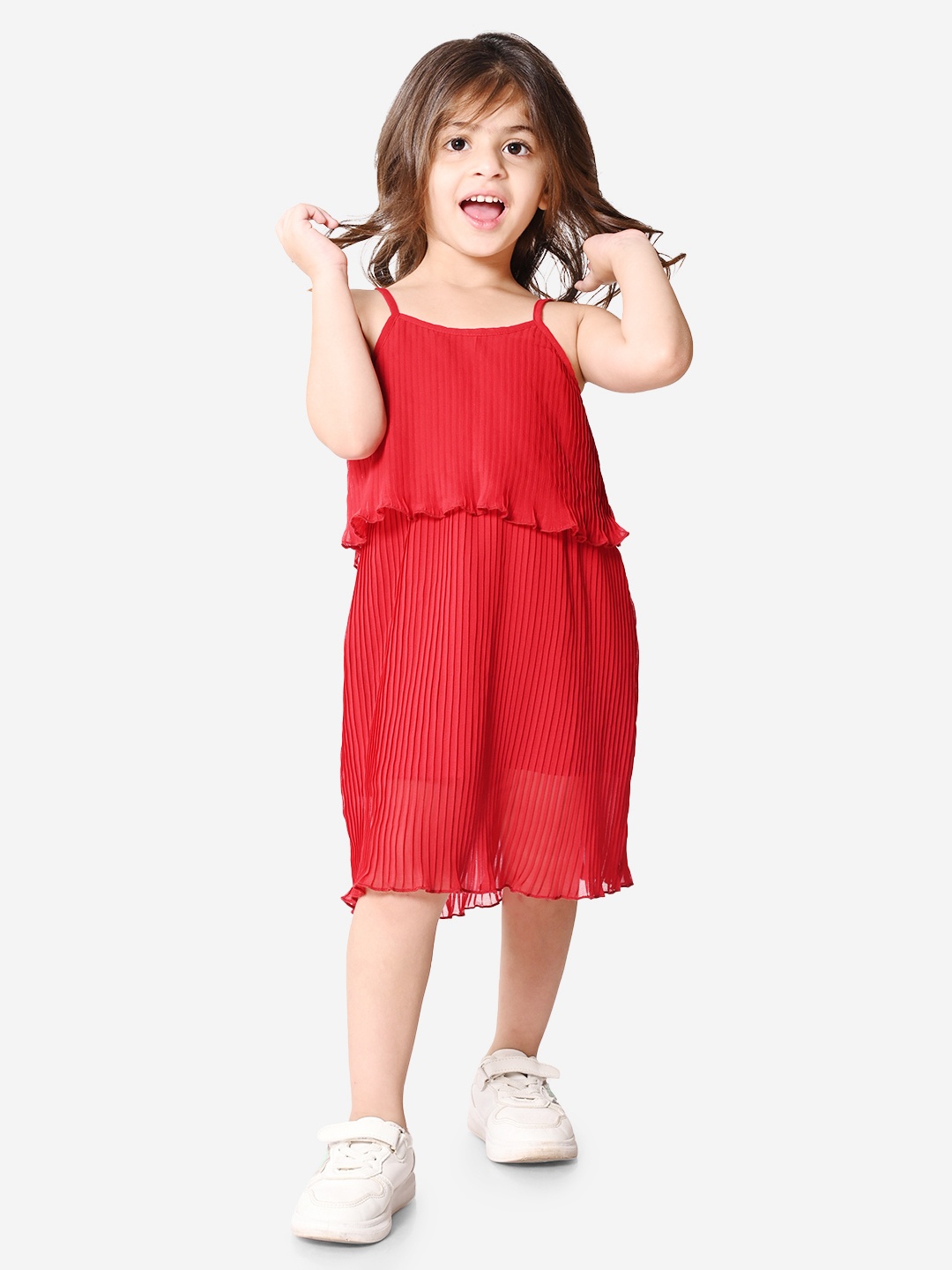 

BONKIDS Red Shoulder Straps Cotton A-Line Dress