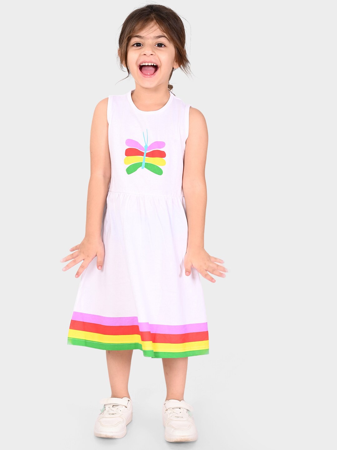 

BONKIDS Girls Conversational Printed Cotton A-Line Midi Dress, White