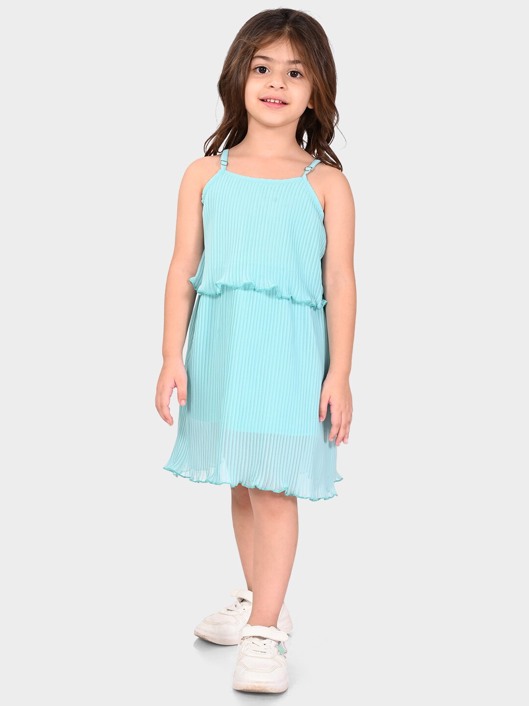 

BONKIDS Girls Shoulder Straps Layered A-Line Dress, Turquoise blue