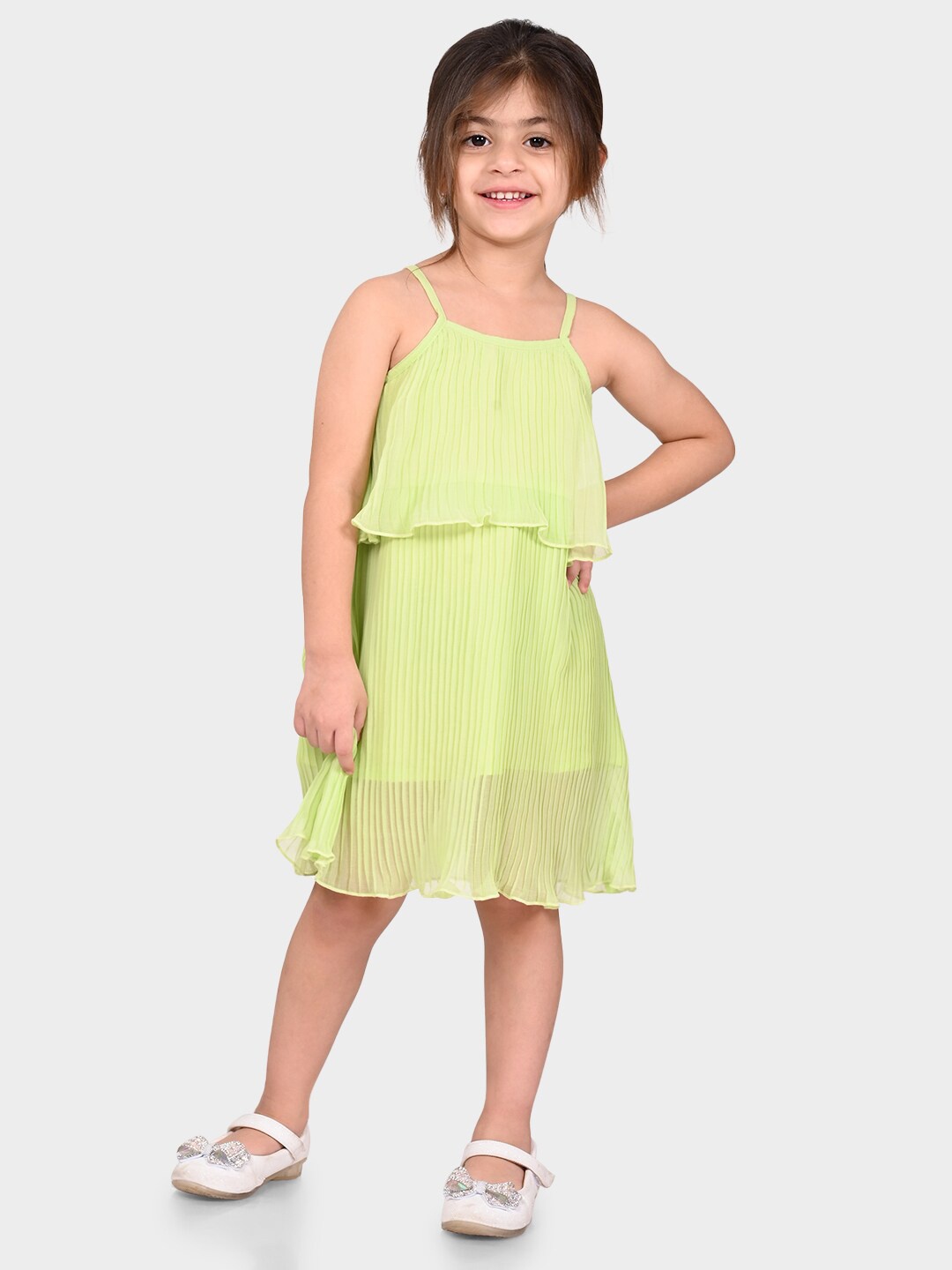 

BONKIDS Girls Shoulder Straps Layered A-Line Dress, Fluorescent green