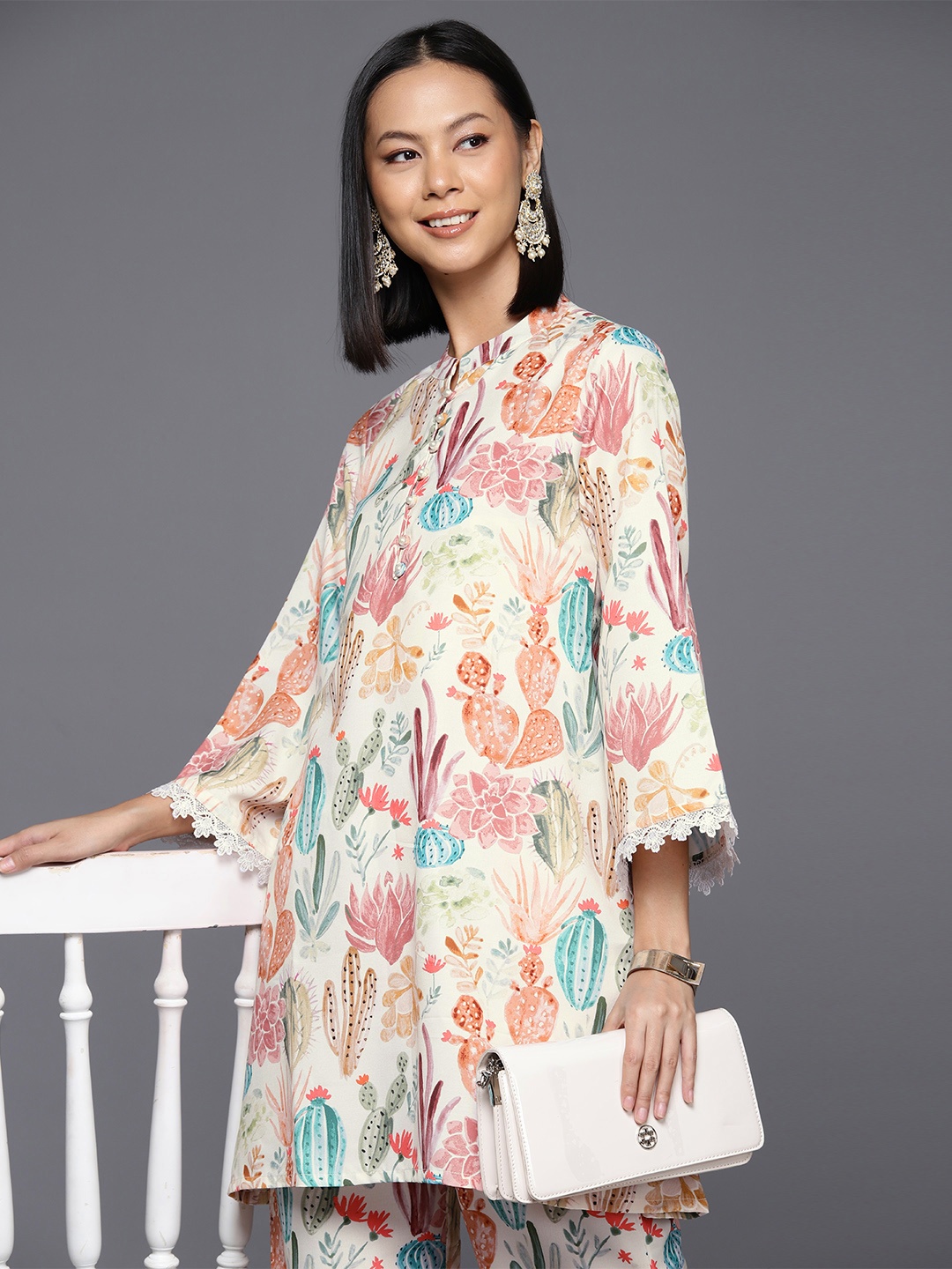 

Varanga Women Floral Printed Tunic with Trousers, Cream