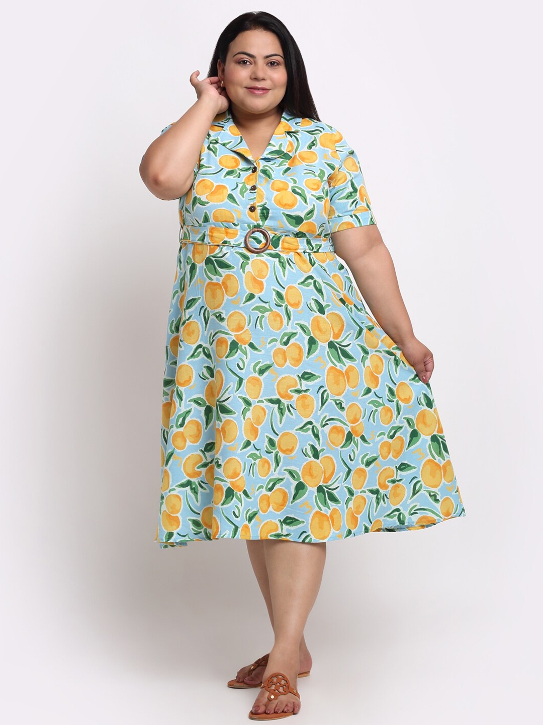 

sindrellastorie Plus Size Graphic Printed Shirt Collar Cotton Fit & Flare Midi Dress, Blue