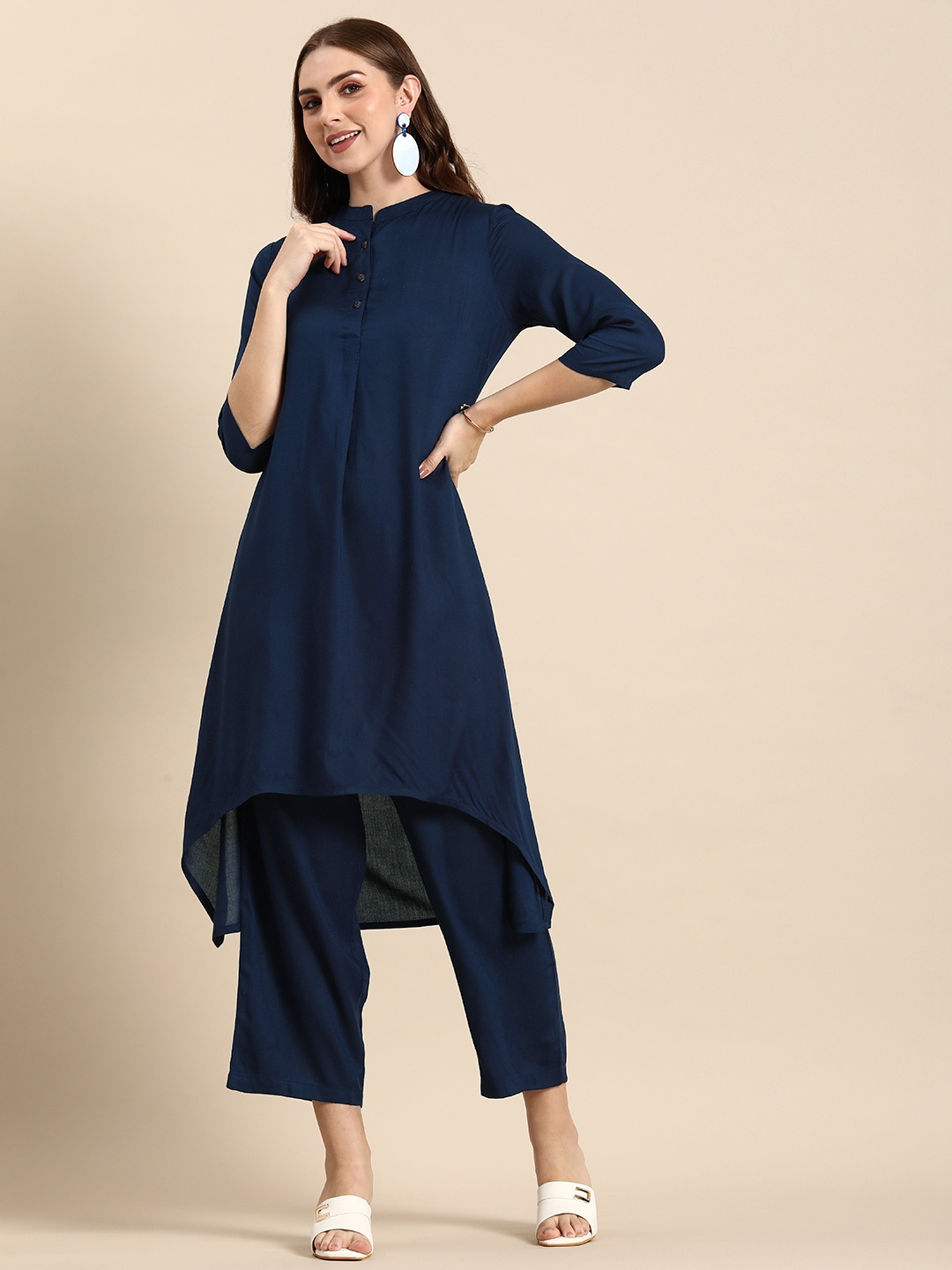 

Anouk Women Solid Empire Kurta with Palazzos, Navy blue