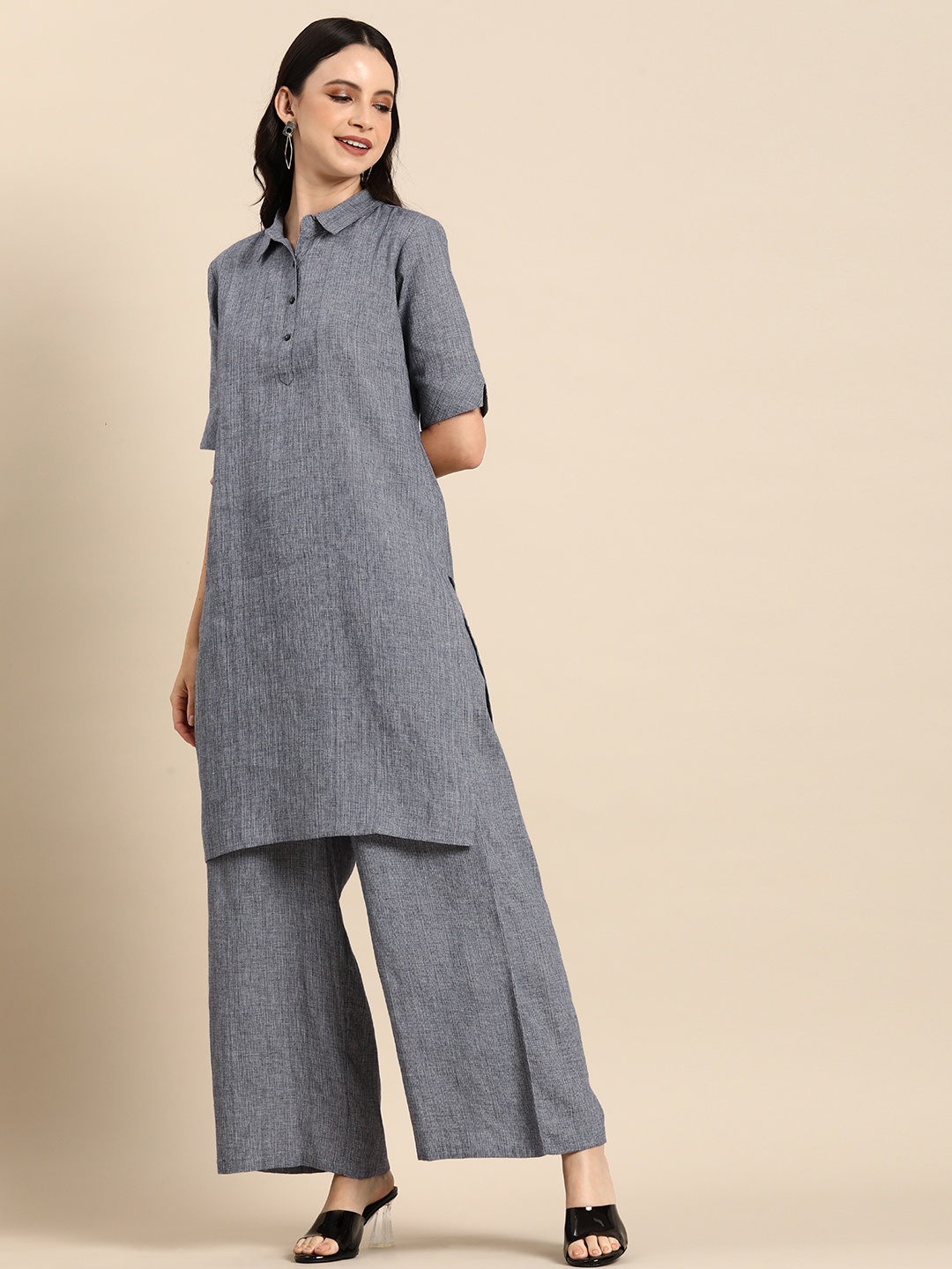 

Anouk Women Solid Regular Pure Cotton Kurta with Palazzos, Grey