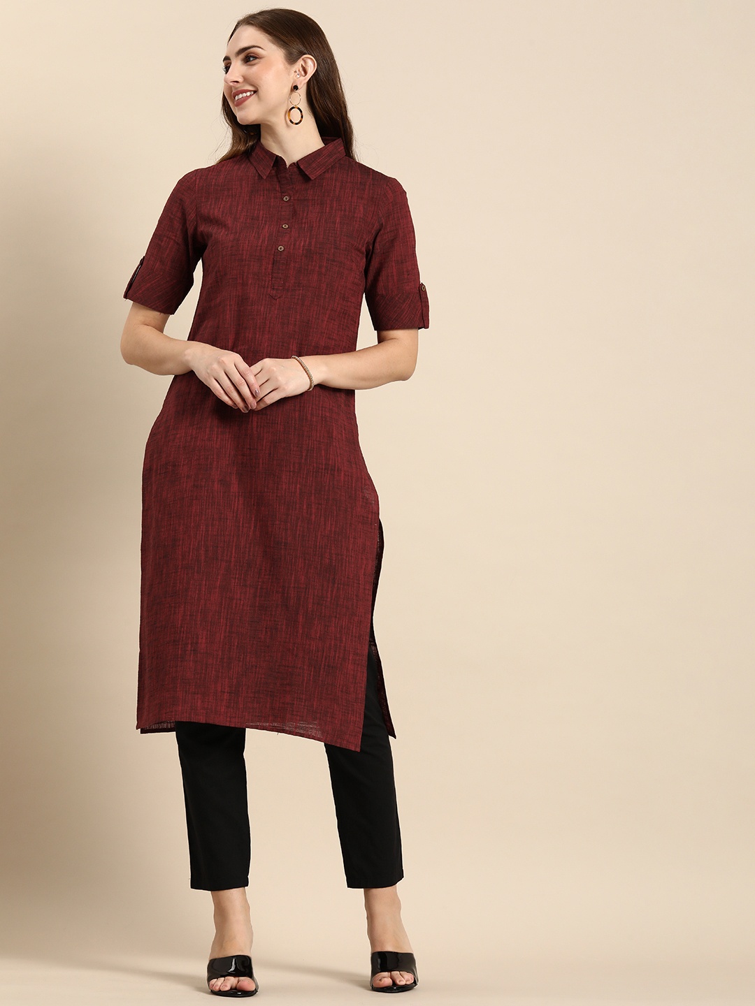 

Anouk Women Solid Khadi Straight Kurta, Maroon