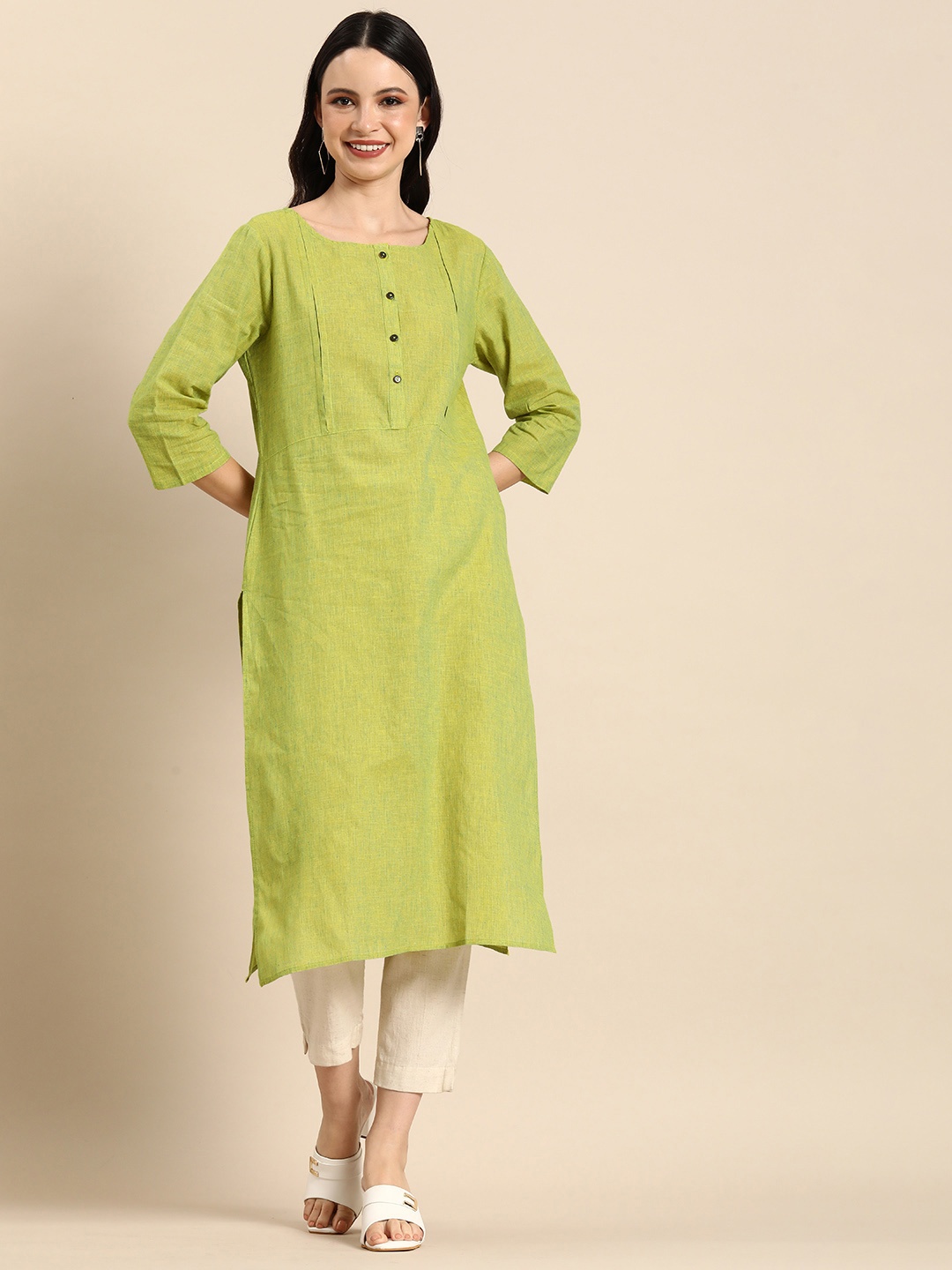 

Anouk Women Solid Khadi Straight Kurta, Green