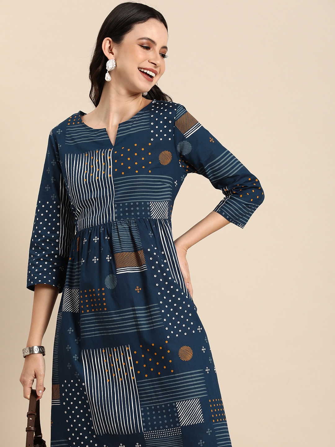 

Anouk Geometric Printed A-Line Cotton Cambric Dress, Navy blue