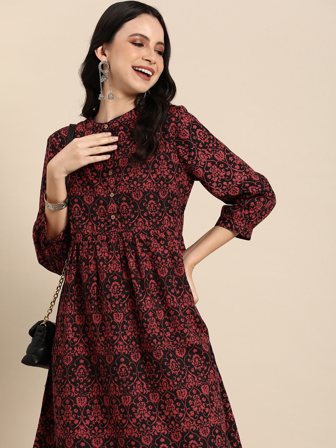 

Anouk Ethnic Motifs Print Puff Sleeves A-Line Dress, Black