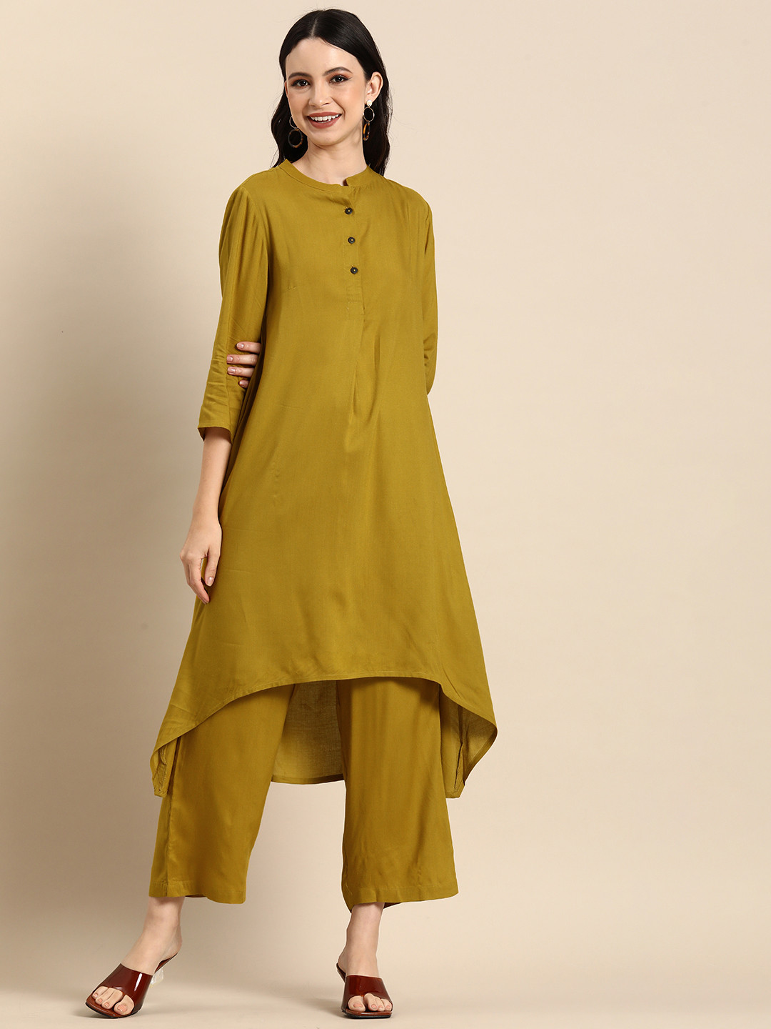 

Anouk Women Solid Empire Kurta with Palazzos, Mustard