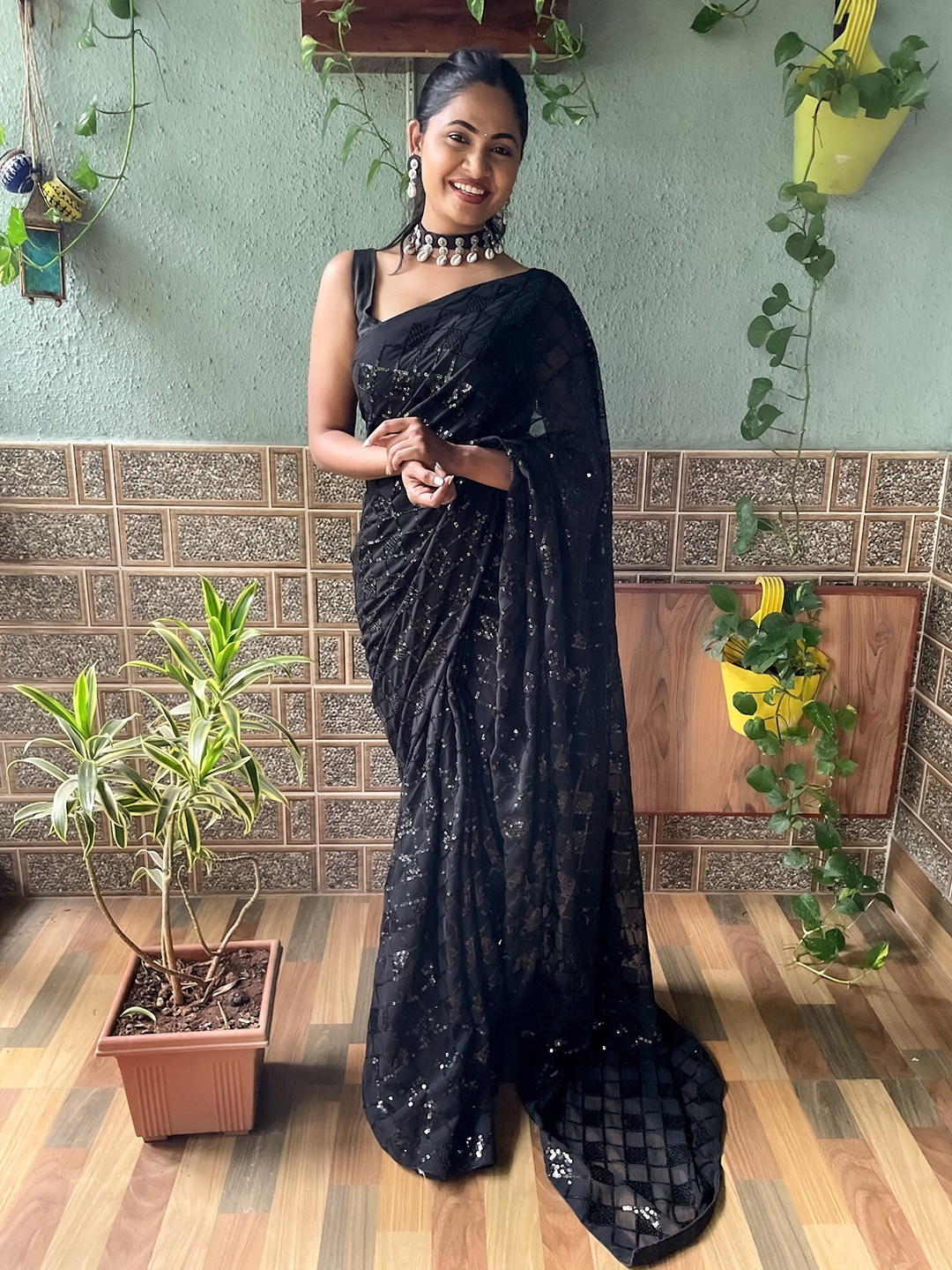 

Mitera Embellished Sequinned Detail Saree, Black