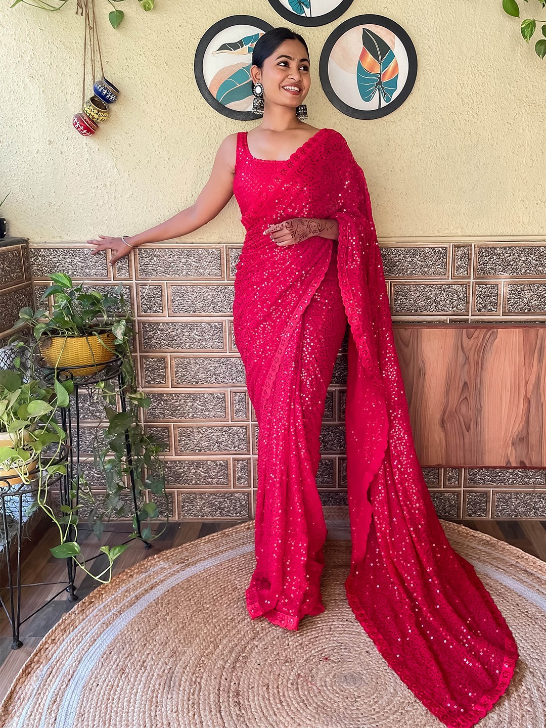 

Mitera Red Embellished Sequinned Saree