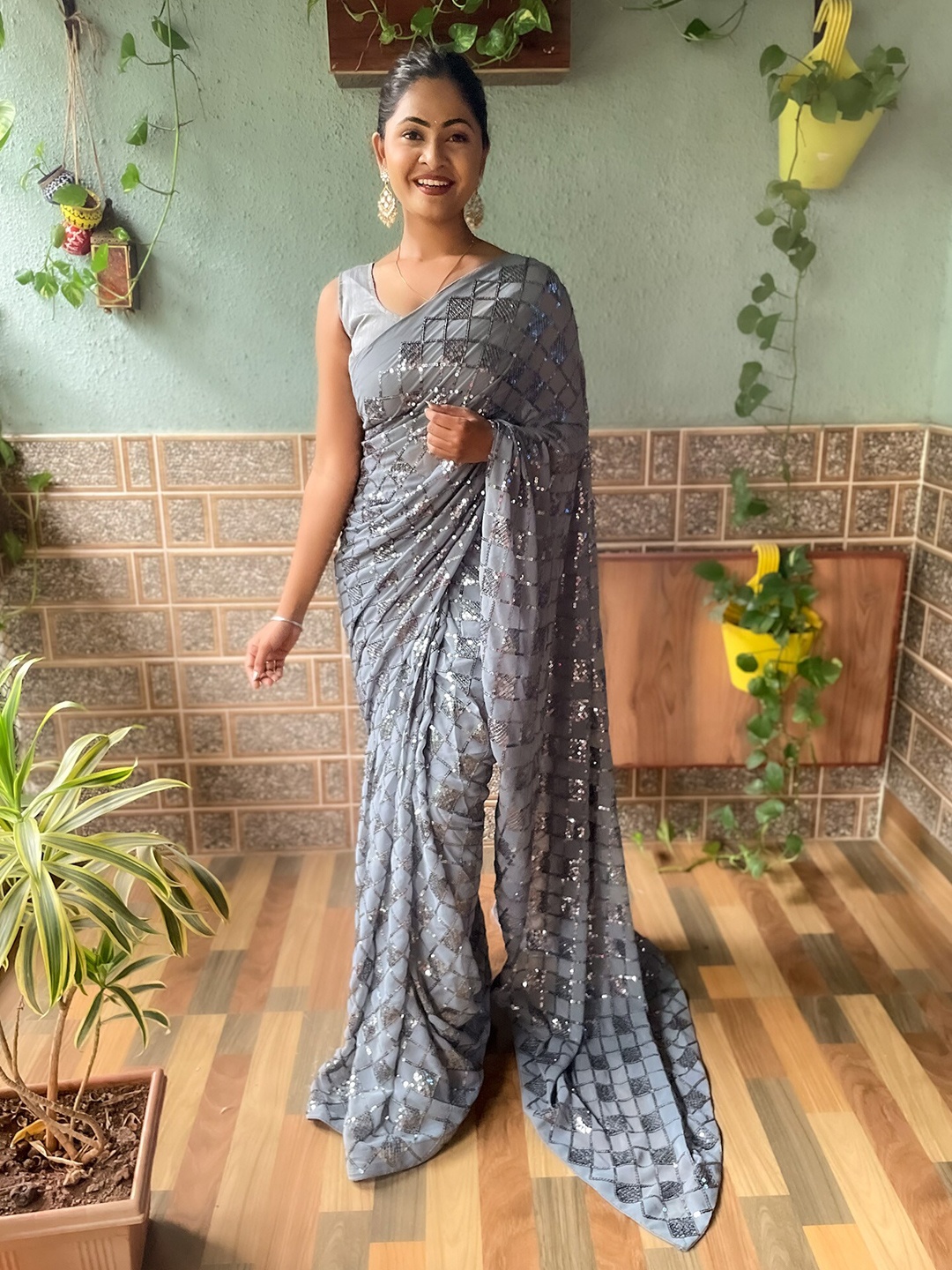

Mitera Embellished Sequinned Detail Saree, Grey