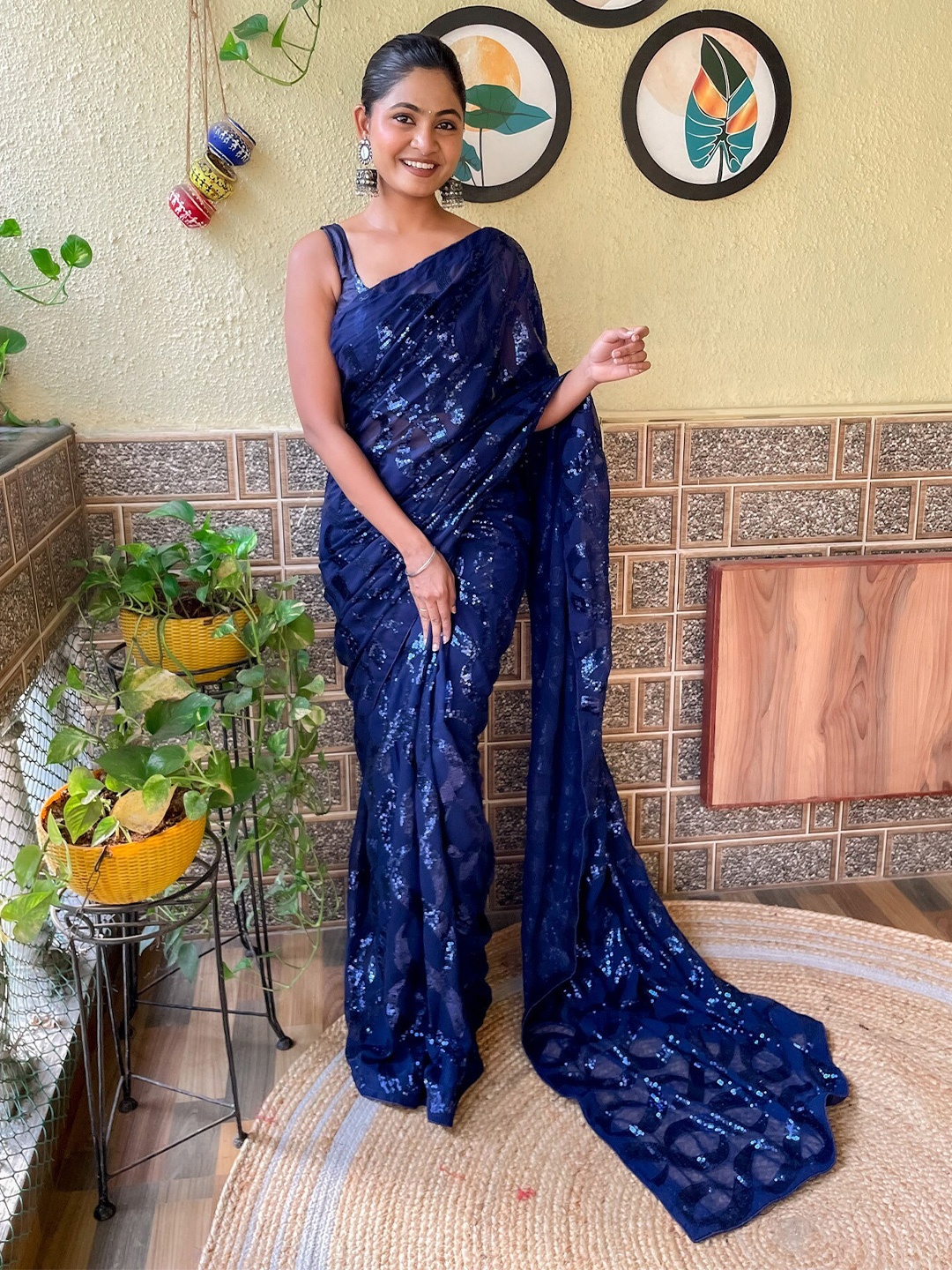 

Mitera Embellished Sequinned Saree, Navy blue