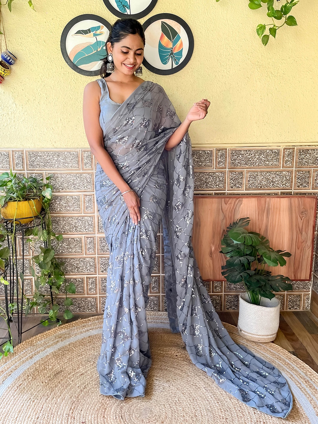 

Mitera Grey Embellished Sequinned Saree