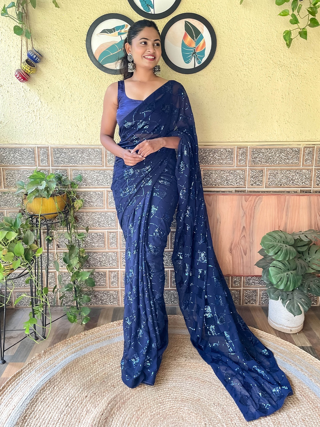 

Mitera Embellished Sequinned Saree, Navy blue