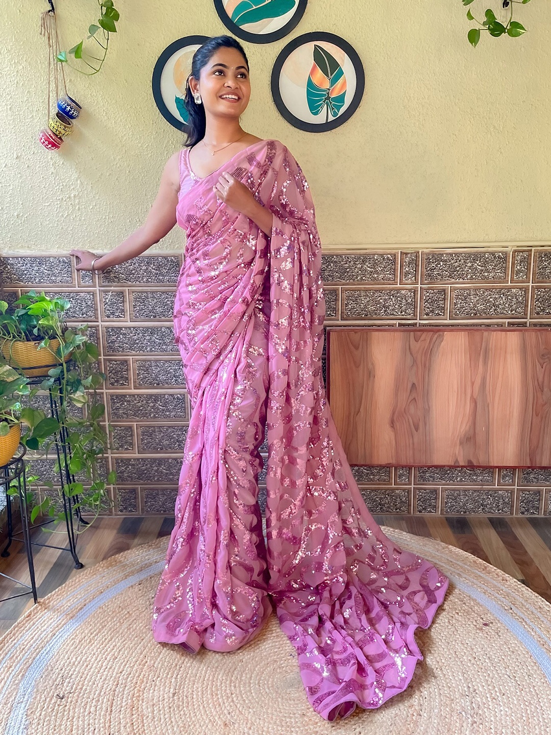 

Mitera Embellished Sequinned Detail Saree, Pink