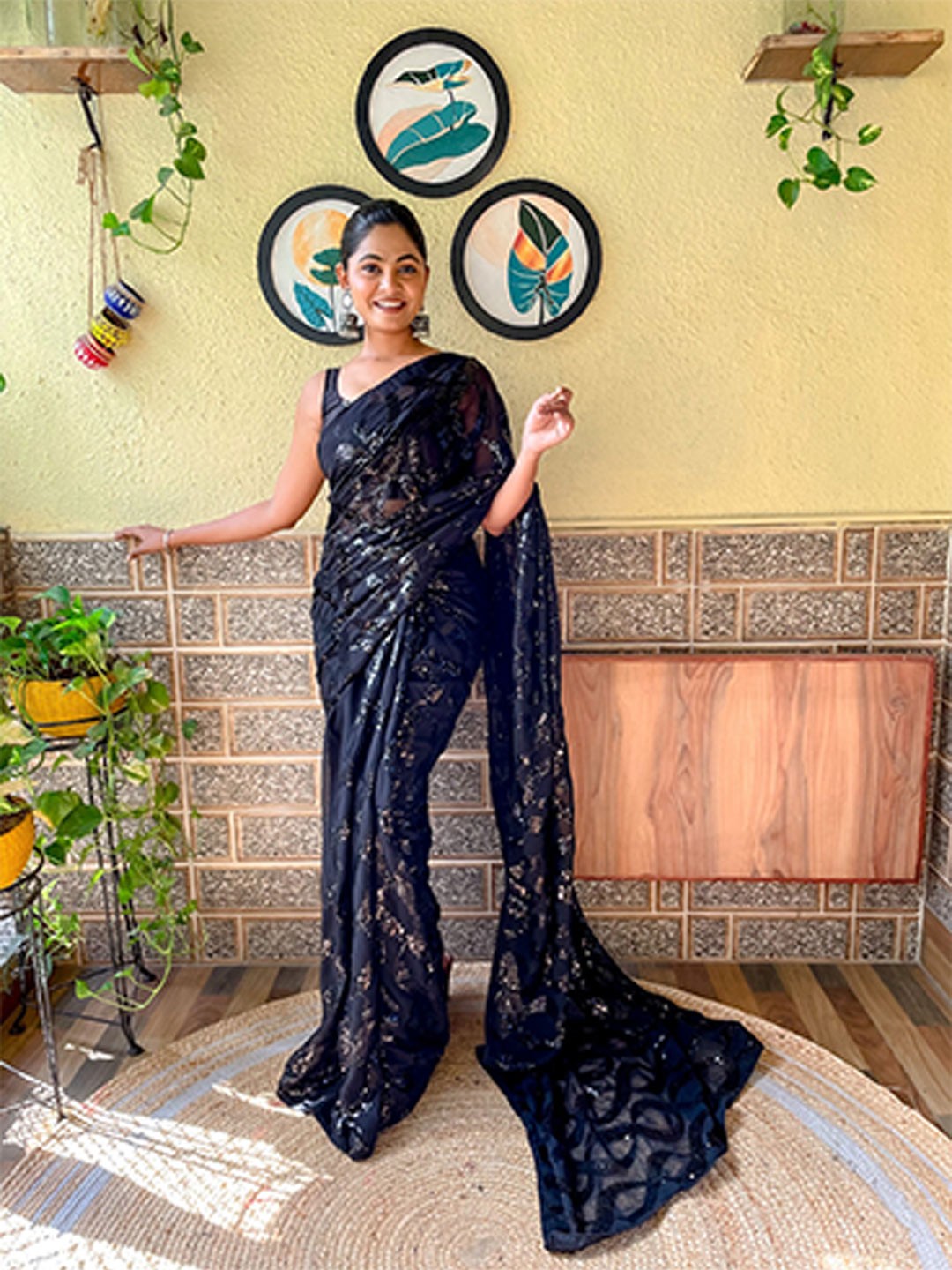 

Mitera Embellished Sequinned Saree, Black