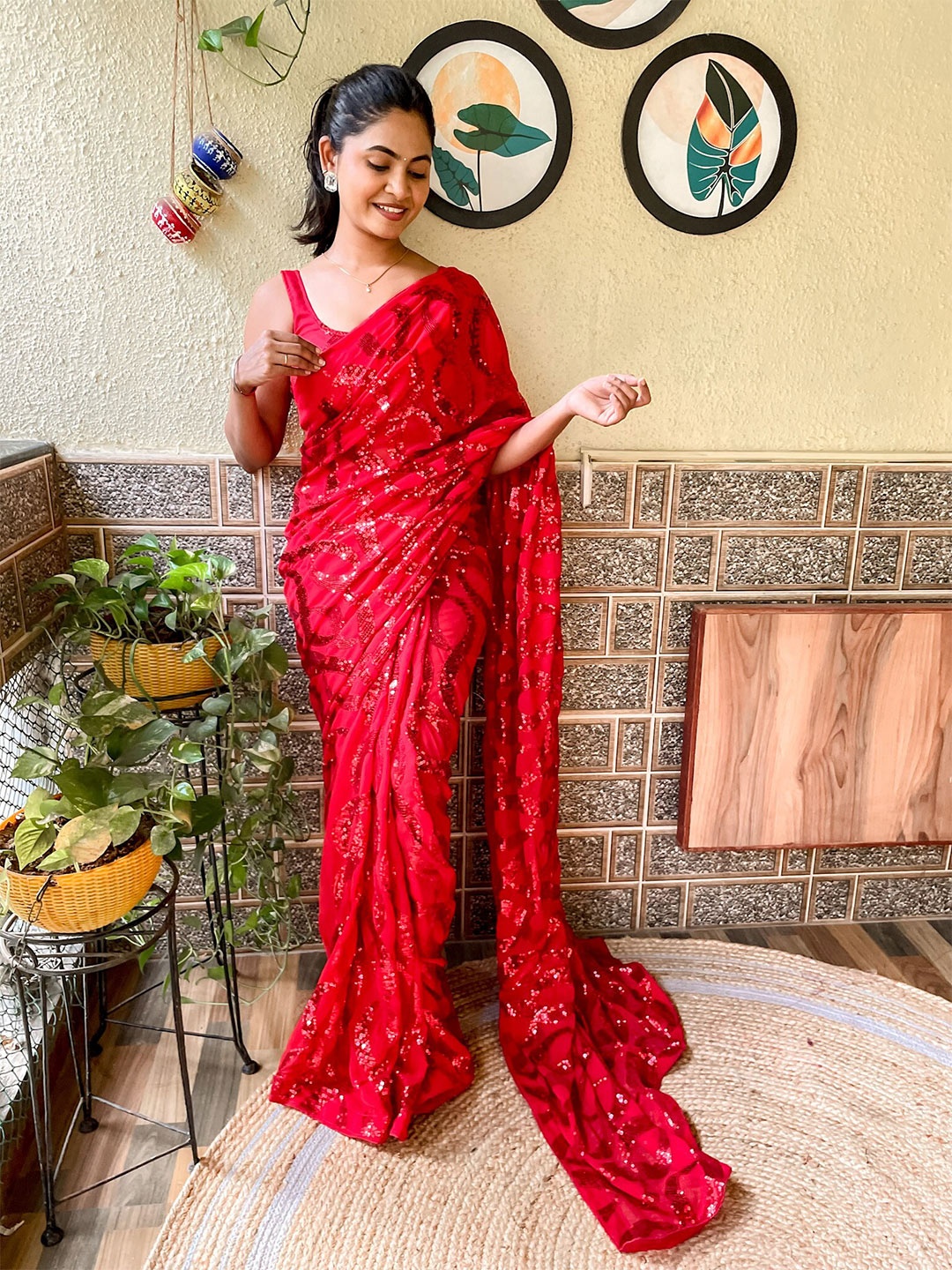 

Mitera Embellished Sequinned Detail Saree, Red