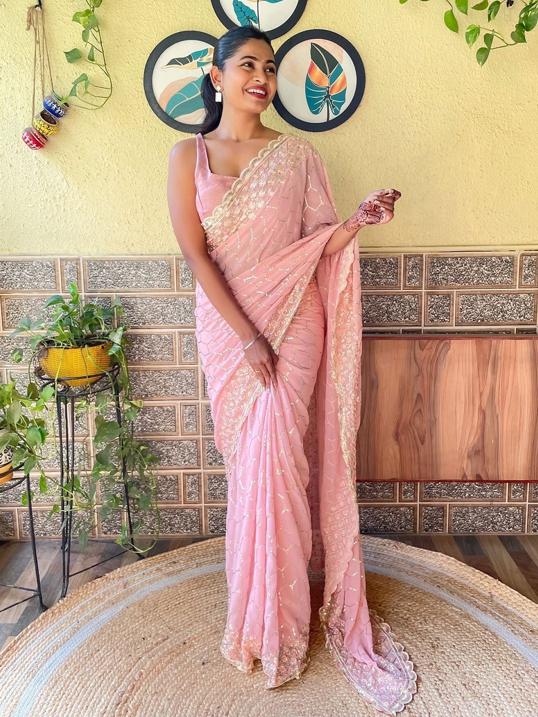 

Mitera Embellished Sequinned Detail Saree, Pink
